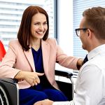 **

> A friendly career counselor smiles warmly while assisting a woman in a wheelchair at a bright, modern office. The counselor is pointing at a computer screen displaying job opportunities. Polish flags are visible subtly in the background. Emphasis on hope, empowerment, and accessibility.

**