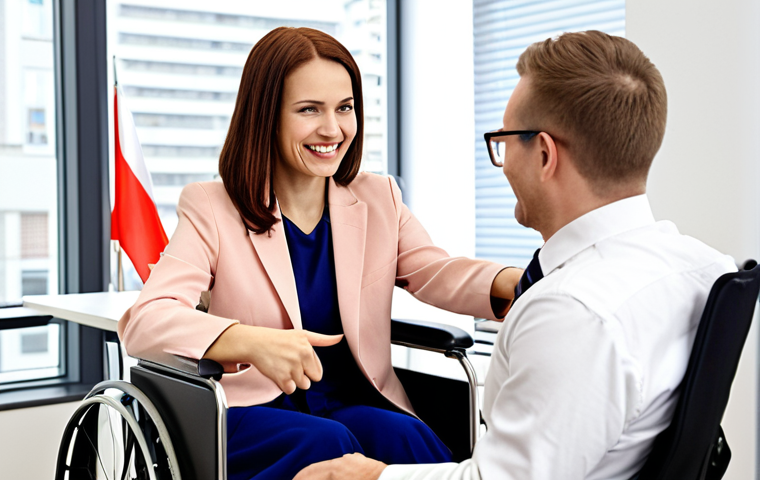 **
> A friendly career counselor smiles warmly while assisting a woman in a wheelchair at a bright, modern office. The counselor is pointing at a computer screen displaying job opportunities. Polish flags are visible subtly in the background. Emphasis on hope, empowerment, and accessibility.
**