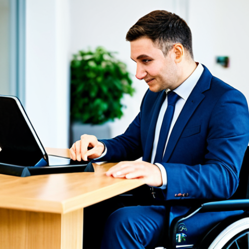 A professional female disability advisor with a warm, empathetic expression, modestly dressed in a business suit. She is seated at a polished, accessible table in a bright, modern community center, thoughtfully engaging with an adult male individual. The individual, also fully clothed in appropriate attire, is using an assistive technology tablet for communication, clearly focused and engaged. The background features blurred, subtle office elements, suggesting an inclusive and supportive environment. Photorealistic, professional photography, high detail, perfect anatomy, correct proportions, natural pose, well-formed hands, proper finger count, natural body proportions, safe for work, appropriate content, fully clothed, professional, modest clothing, family-friendly.