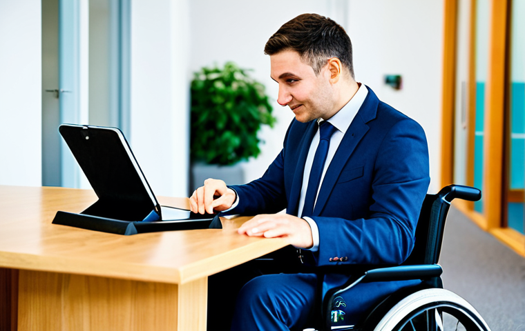 A professional female disability advisor with a warm, empathetic expression, modestly dressed in a business suit. She is seated at a polished, accessible table in a bright, modern community center, thoughtfully engaging with an adult male individual. The individual, also fully clothed in appropriate attire, is using an assistive technology tablet for communication, clearly focused and engaged. The background features blurred, subtle office elements, suggesting an inclusive and supportive environment. Photorealistic, professional photography, high detail, perfect anatomy, correct proportions, natural pose, well-formed hands, proper finger count, natural body proportions, safe for work, appropriate content, fully clothed, professional, modest clothing, family-friendly.
